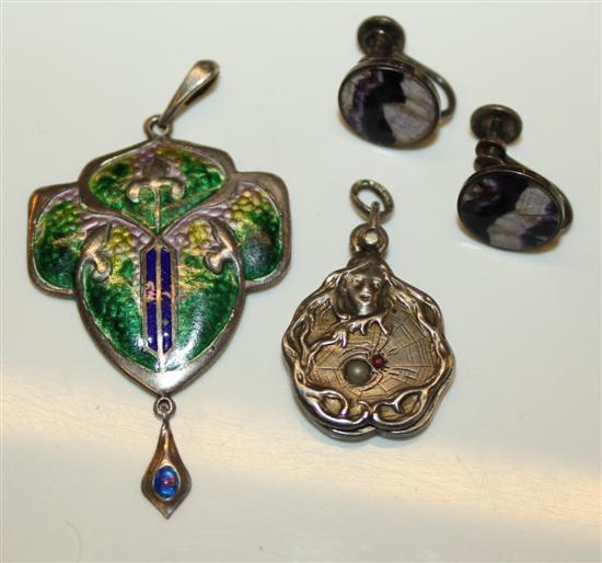 A silver and enamel pendant, silver locket and pair of bluejohn earrings.